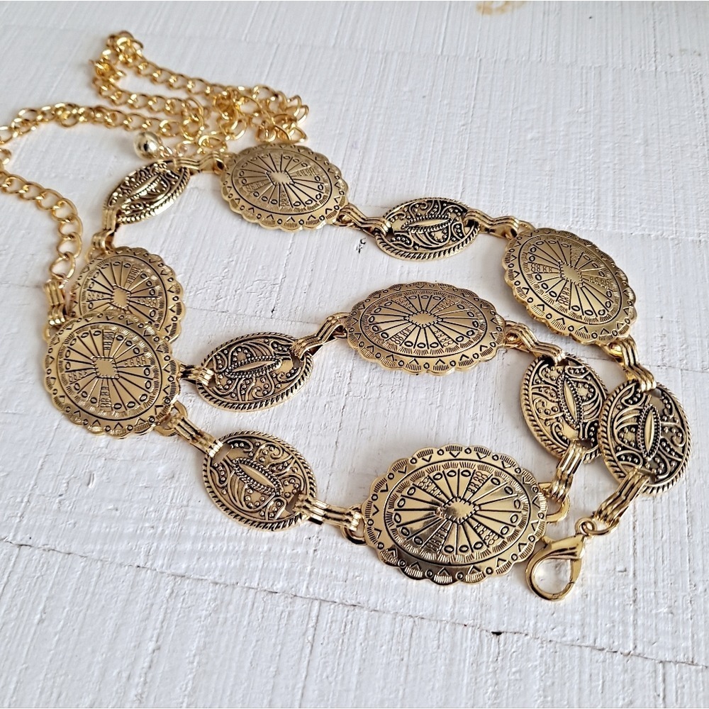 Gold Chain Western Waist Concho Belt Chunky Metal Medallion Boho statement - Picture 9 of 17